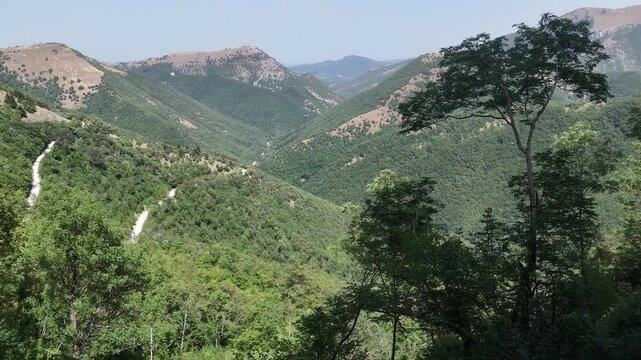 Montagne verdi ricoperte da foreste dense con vallate naturali e una strada sterrata che attraversa i pendii, sotto un cielo limpido