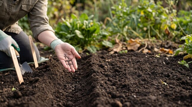 Gardener sowing vegetable seeds in fertile soil for autumn harvest in home vegetable garden