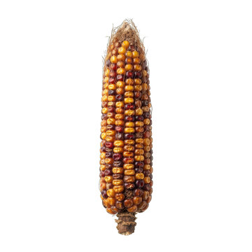 A single ear of multicolored flint corn isolated on a black background for autumn harvest and thanksgiving holiday decoration themes