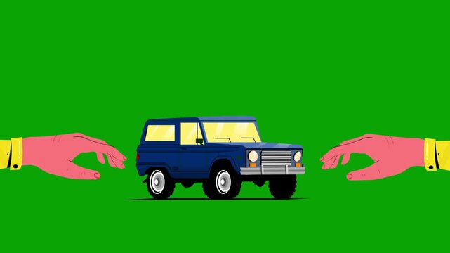 Cartoon Hands Holding Blue Classic SUV Car on Green Screen Animation