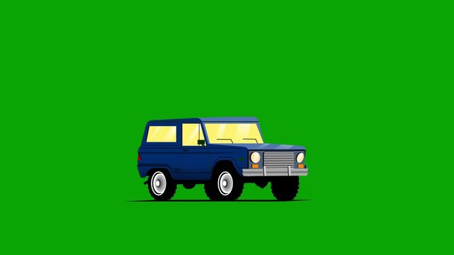 Centered Classic Blue SUV Car on Green Screen Wide Shot Animation