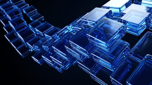 Abstract 3D blue glass tiles arrangement on dark background