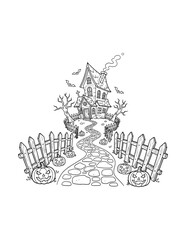 Naklejka premium Haunted House Fence Path Coloring Page – Printable Black and White Outline Educational Worksheet for Kids