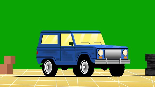 Classic Blue SUV Car in Garage Workshop on Green Screen Animation