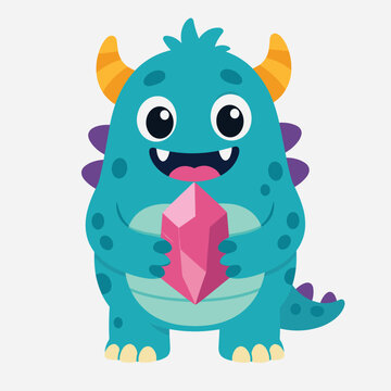 Happy little blue monster with orange horns holding a pink gem