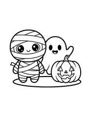 Obraz premium Little Mummy and Ghost Coloring Page for Kids. Simple Halloween Outline Illustration for Children.