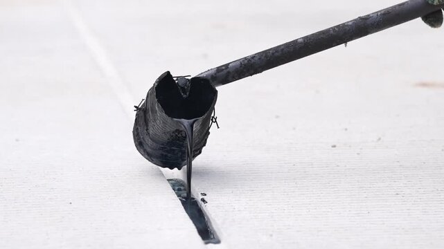 Damaged metal pipe broken crack pavement closeup debris industrial repair, jagged rod end on concrete, tape insulation mending tool, asphalt tar sealant patch with gloved hand