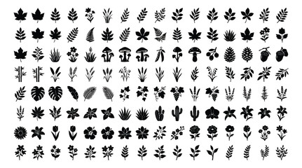 Black botanical silhouette icons set, 144 nature leaf and flower vector elements, minimalist floral plant shapes for organic branding and logo design © chasad