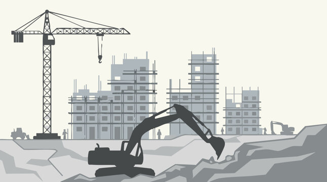 Construction site with crane, excavator, and buildings under development