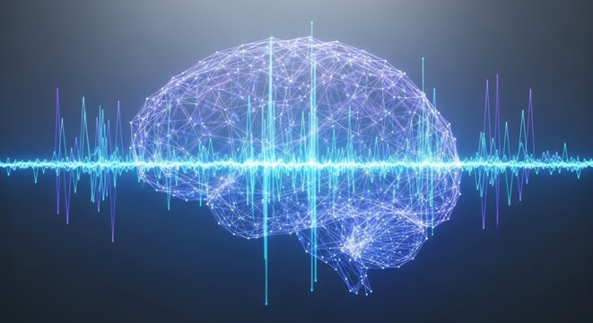 Glowing human brain hologram with digital frequency waves visualizing neural activity.