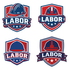 Naklejka premium Set of four vintage labor day emblems with construction hard hats and shield designs on white background