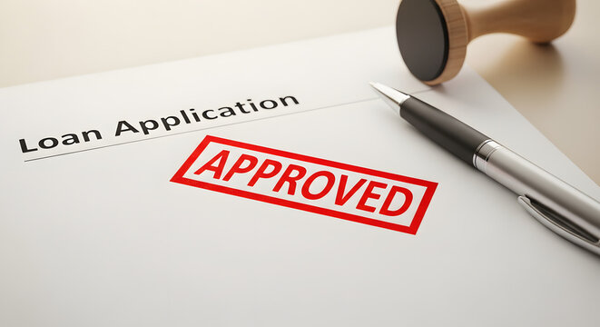 A loan application form with a red 'APPROVED' stamp and a pen, signifying successful approval.