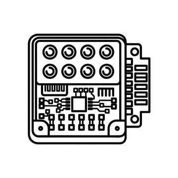 Black and white circuit board with multiple ports.