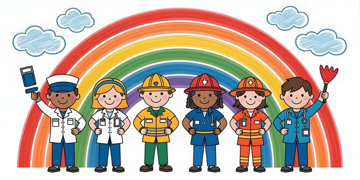 Diverse group of cartoon essential workers cleaner, doctor, construction, healthcare, firefighter, paramedic under a colorful rainbow with clouds, isolated on white background