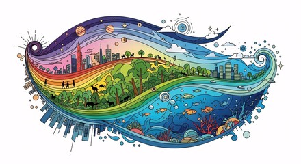 Obraz premium A vibrant, flowing illustration depicting the interconnectedness of urban landscapes, lush forests with wildlife, and diverse marine ecosystems under a sky transitioning from day to night.