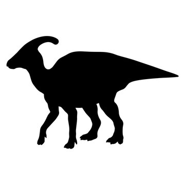 Black silhouette of a Parasaurolophus dinosaur isolated on a white background.
