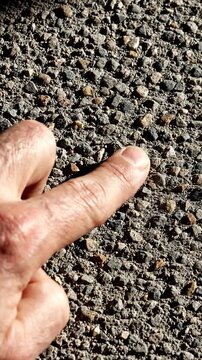 Macro Close-Up Of Exposed Aggregate Concrete Showing Texture With A Human Finger Pointing At The Surface
