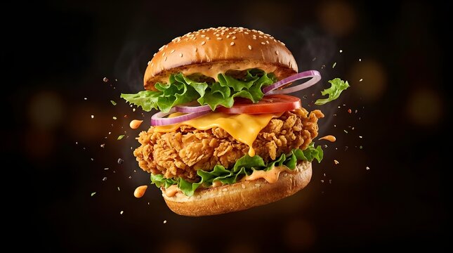 Dynamic shot of a gourmet crispy fried chicken burger with fresh lettuce, tomato, onion, melted cheese, and sauce, floating with spices against a dark background