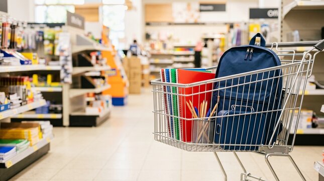 Shopping cart filled with school supplies and backpack in retail supermarket