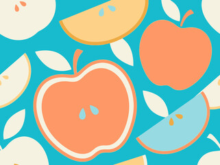 Fototapeta premium Modern Seamless Apple Pattern with Fruit Slices on Teal Background