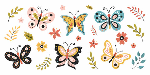 Colorful Butterfly And Floral Ornament Vector Illustration Set © Hemlata