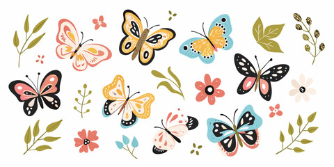 Colorful butterfly and floral vector illustration set on a white background © Hemlata