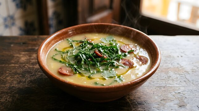 Traditional Portuguese caldo verde soup with sliced chorizo sausage and greens in a clay bowl on a rustic wooden table