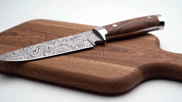 Damascus Steel Knife on Wooden Cutting Board