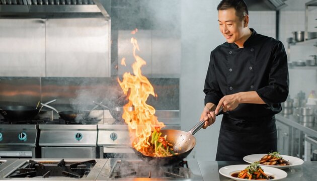 プロの中華料理人が炎を上げて中華鍋を振るう厨房風景