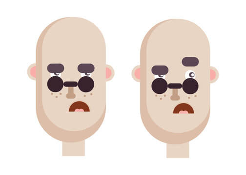Funny Bald Cartoon Male Faces with Different Emotions. Minimal flat vector set of bald cartoon male avatars showing surprised and confused facial expressions. Modern character faces for UI, emoji, sti