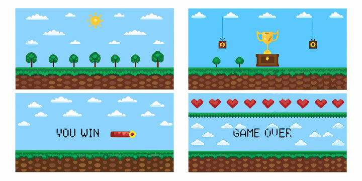 Retro 8 bit platformer game scenes with pixelated landscapes and characters