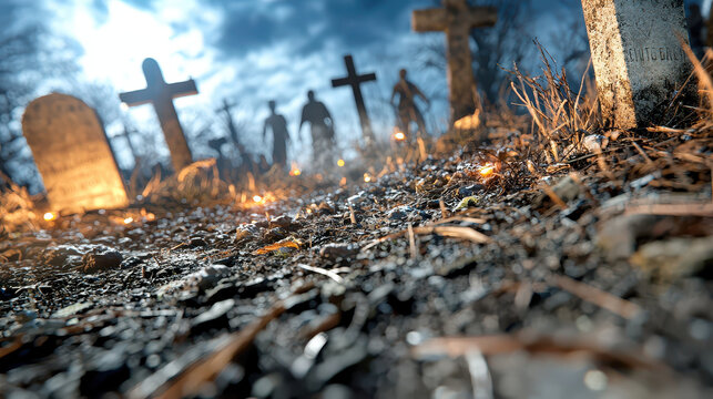 Haunting graveyard scene featuring tombstones, silhouettes of figures, and flickering lights. atmosphere evokes mystery and suspense