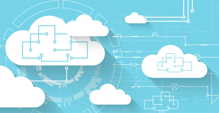 Cloud computing and data storage network concept with abstract circuit diagrams. Vector illustration