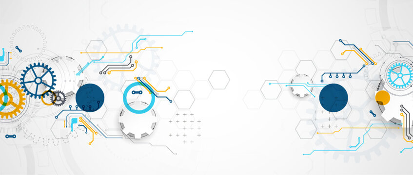 Abstract technology background with colorful gears, circuit board elements, geometric circles, and futuristic mechanism concept. Vector.