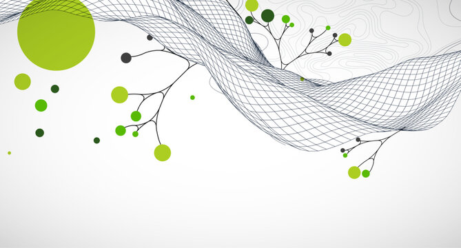 Abstract eco background with wave grid, green circles, and branching lines. Vector