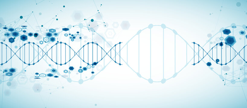Abstract medical background with blue DNA helix structure and technology hexagons. Vector illustration