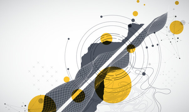 Abstract digital landscape with wireframe terrain, geometric circles, and plexus art. Vector