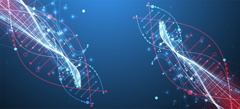 Abstract digital technology background with DNA helix structure and glowing neon light waves. Vector illustration.