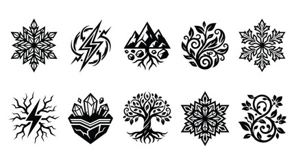 Fantasy elemental icons set, black and white nature magic symbols, 10 vector illustrations of earth, lightning, ice, and life elements for gaming © Saber