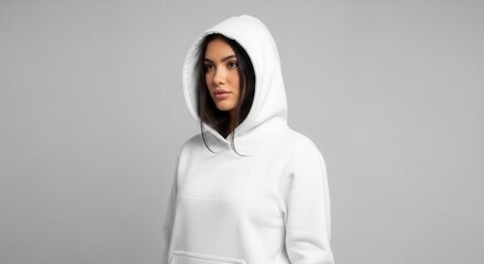 Fototapeta premium Young Woman Wearing a White Hoodie Standing Against a Gray Background.