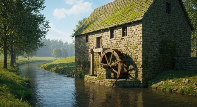 Old stone mill beside a flowing river, sunny day, green landscape