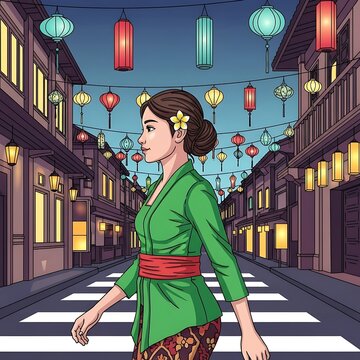 Woman Walks City Street. (1)