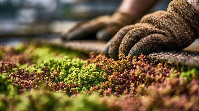 Gloved hands installing green roof sedum plants. Perfect for sustainable architecture projects.
