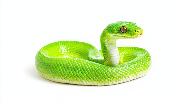 Vibrant green snake with smooth scales and striking appearance, coiled elegantly on white background. Its eyes are alert and expressive