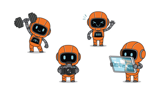 Cute orange chibi robot characters in different activities like lifting dumbbells, taking photos, and using a tablet.