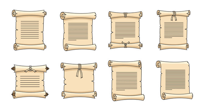 Ancient parchment paper scrolls and historical manuscript templates decorated with elegant ribbons, vector set.