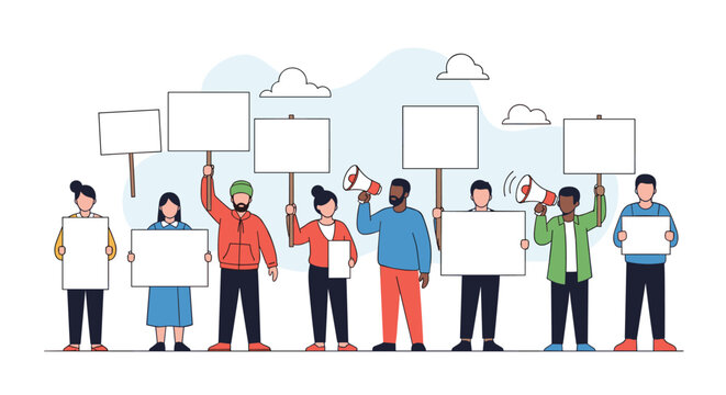 Diverse group of people protesting with megaphones and holding blank signs for customization, vector flat design.