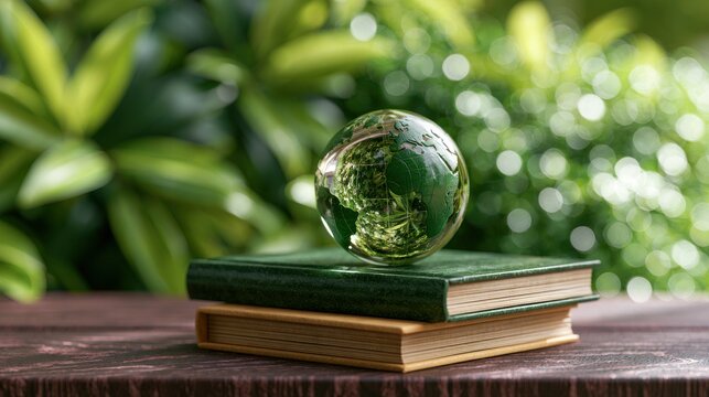 Glass globe resting on top of two stacked books against blurred green foliage. Environmental education.