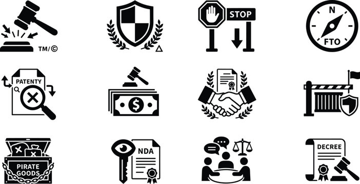 Patent law and legal protection icon set featuring trademark litigation non disclosure agreement counterfeit goods prevention and vector illustration style