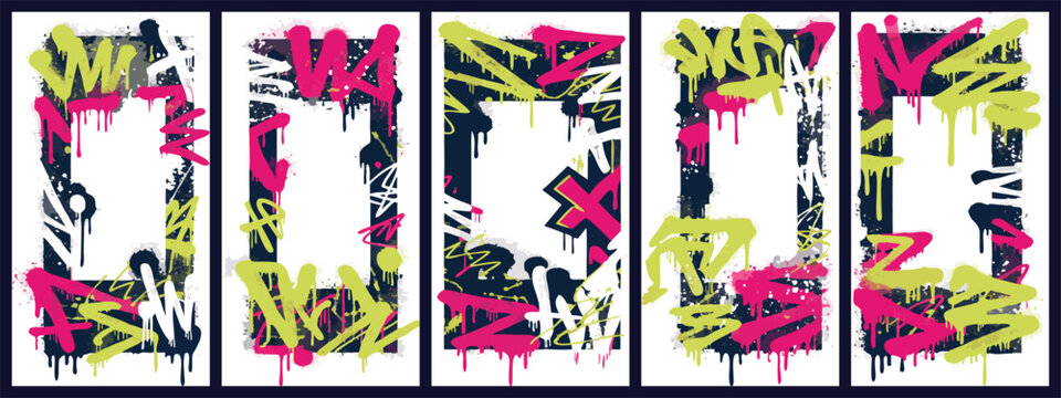 Abstract graffiti style vector frame set with street art lettering elements tags and paint drips.